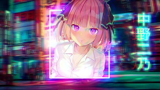 Nakano Nino, 5-toubun no Hanayome, neon, waifu2x, anime girls, city, HD wallpaper HD wallpaper