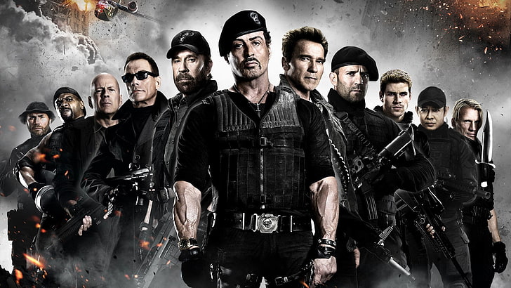 film, Sylvester Stallone, Bruce Willis, Arnold Schwarzenegger, Jason Statham, The Expendables 2, Chuck Norris, Wallpaper HD