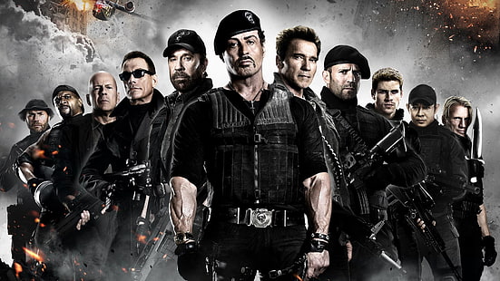 film, Sylvester Stallone, Bruce Willis, Arnold Schwarzenegger, Jason Statham, The Expendables 2, Chuck Norris, Wallpaper HD HD wallpaper