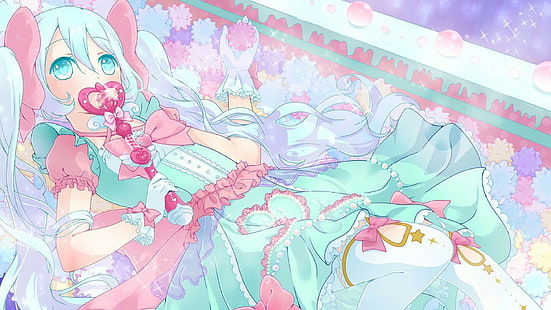 meninas anime, twintails, varinha, pastel, moda lolita, brilhos, HD papel de parede HD wallpaper