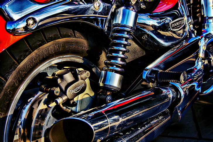 chrome, motorbike, red, reflection, triumph rocket iii, HD wallpaper