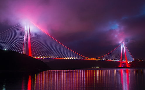 Istanbul, Turkey, bridge, architecture, suspension bridge, sea, night, lights, Bosphorus, HD wallpaper HD wallpaper