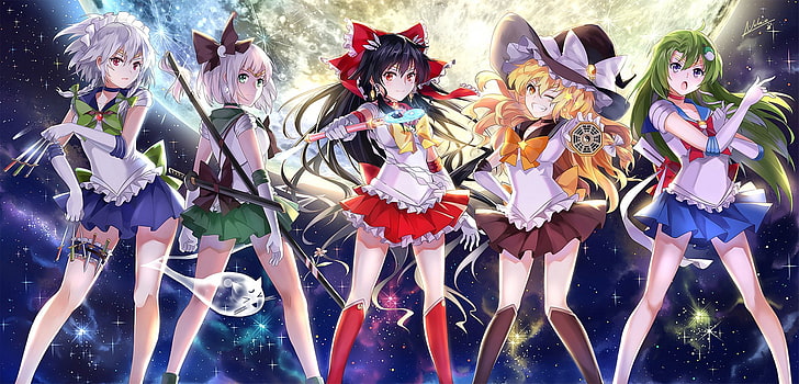 Anime, Crossover, Marisa Kirisame, Reimu Hakurei, Sailor Moon, Sakuya Izayoi, Sanae Kochiya, Touhou, Youmu Konpaku, HD wallpaper