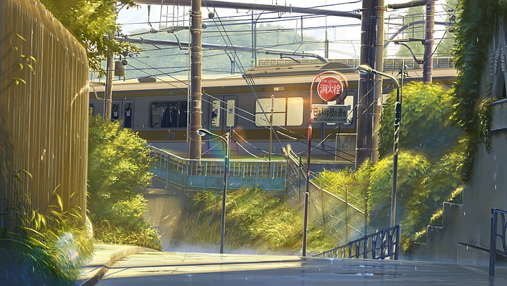 treno marrone e grigio, anime, strada, treno, urbano, 5 centimetri al secondo, Makoto Shinkai, Sfondo HD