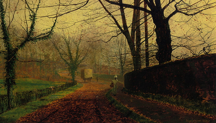 árboles desnudos, John Atkinson Grimshaw, pintura, arte clásico, otoño, árboles, camino, Fondo de pantalla HD