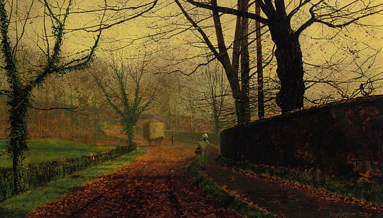 árboles desnudos, John Atkinson Grimshaw, pintura, arte clásico, otoño, árboles, camino, Fondo de pantalla HD HD wallpaper