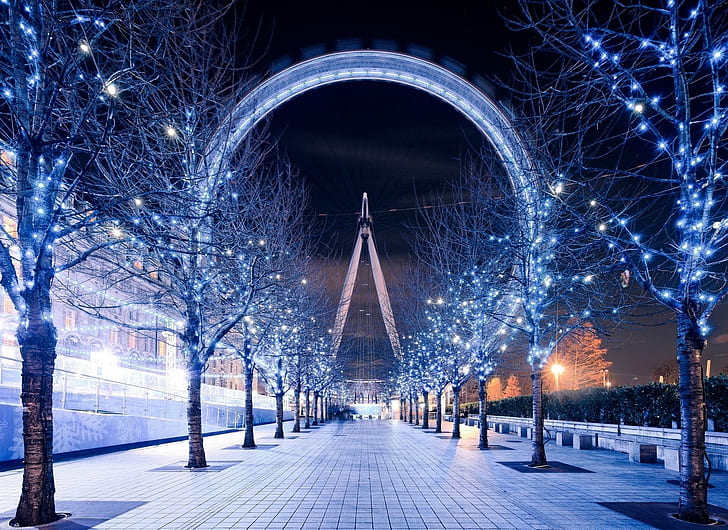 path, London Eye, sky, christmas lights, trees, London, city, HD wallpaper