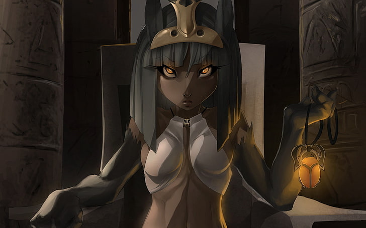 female character wearing white top holding candle lantern wallpaper, girl, cat, amulet, walls, eyes, HD wallpaper