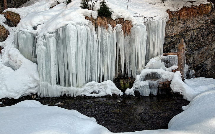Зима Река Снег Сосульки Природа Обои фото, водопады, рабочий стол, сосульки, природа, фото, река, снег, зима, HD обои