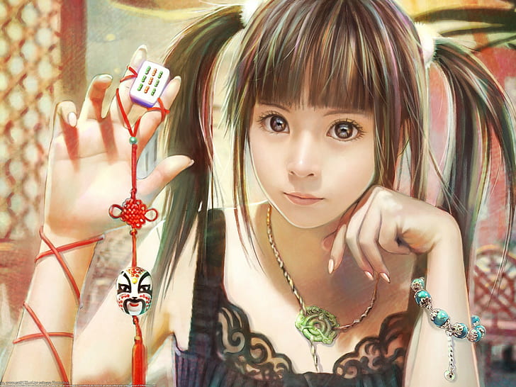 mahjong, twintails, gadis anime, Wallpaper HD
