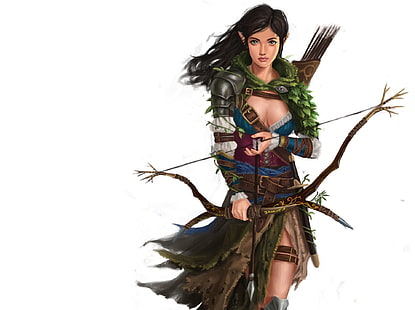 chica de fantasía, arquero, elfos de madera, arte de fantasía, arco, Fondo de pantalla HD HD wallpaper