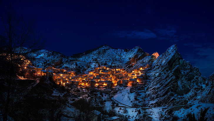 Кастельмеццано, природа, зима, гора, потенци, горная цепь, снег, италия, ночь, деревня, горная деревня, европа, вечер, HD обои