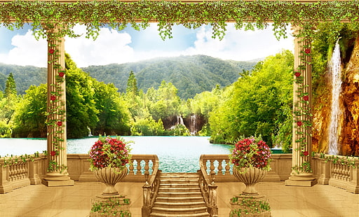 fiori rossi, mare, fiori, cascata, colonne, terrazza, vasi, Sfondo HD HD wallpaper