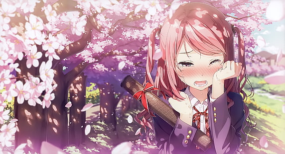 blushing, hair bows, cherry blossom, Kantoku, Kurumi (Kantoku), long hair, petals, pink hair, pink eyes, school uniform, tears, trees, HD wallpaper HD wallpaper