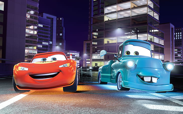 Автомобили 2 2011, молния Маккуин и синий пикап, анимация, дисней, фильм, плакат, автомобиль, HD обои
