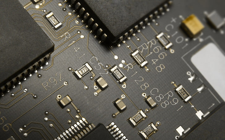 black circuit board, chips, PCB, transistors, resistor, HD wallpaper