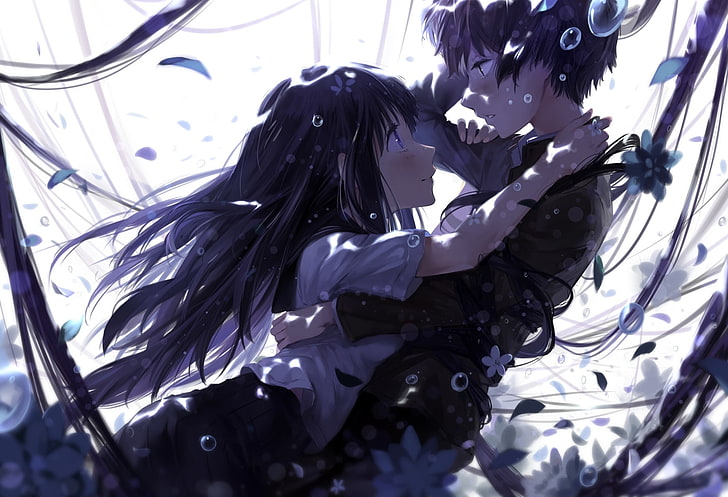 hyouka, eru x houtarou, couple, petals, water bubbles, Anime, HD wallpaper