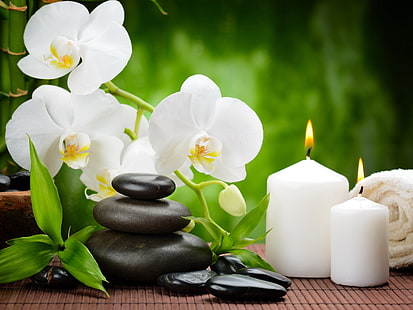 stone spa and white pillar candles, relax, sea, lavender, Spa, salt, oil, aromatherapy, HD wallpaper HD wallpaper