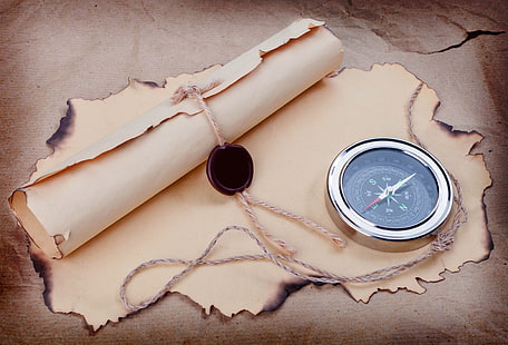 srebrny kompas i beżowa mapa, kompas, papier, list, Tapety HD HD wallpaper