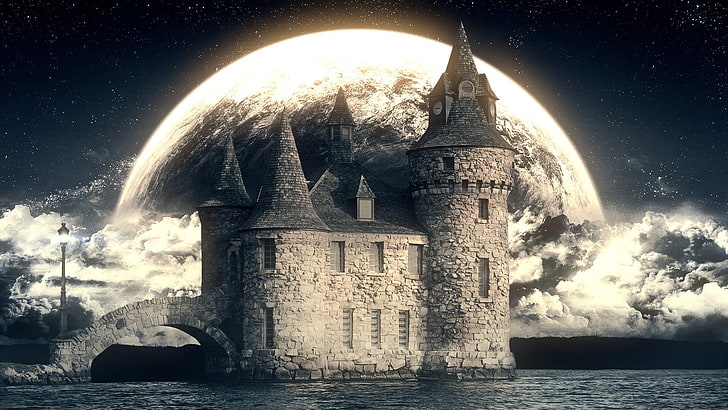 кафяв и черен замък по време на пълнолуние цифрови тапети, небе, замък, Луна, лунна светлина, кула, вода, древен, HD тапет