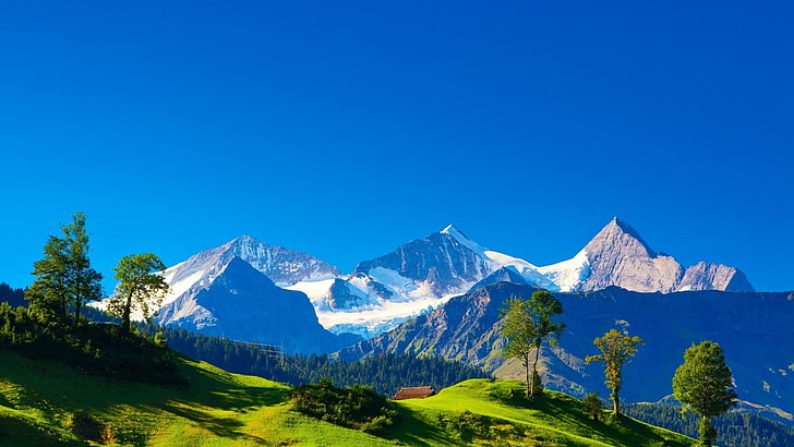 berg, landskap, alperna, schweiz, schweiziska alperna, blå himmel, HD tapet