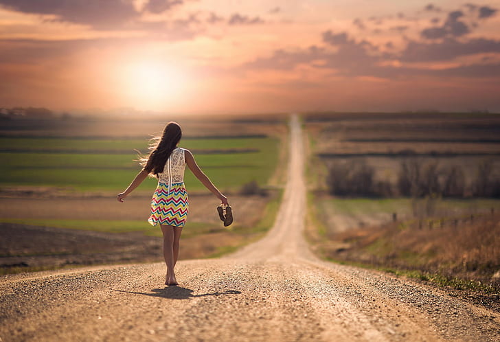 Girl on road barefoot, girl, road, space, barefoot, image download, HD wallpaper