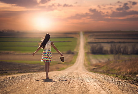 Girl on road barefoot, girl, road, space, barefoot, image download, HD wallpaper HD wallpaper