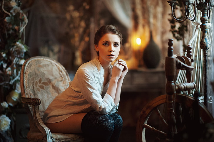 Ksenia Kokoreva, Maxim Maximov, portrait, sitting, women, looking at viewer, depth of field, knee-highs, HD wallpaper