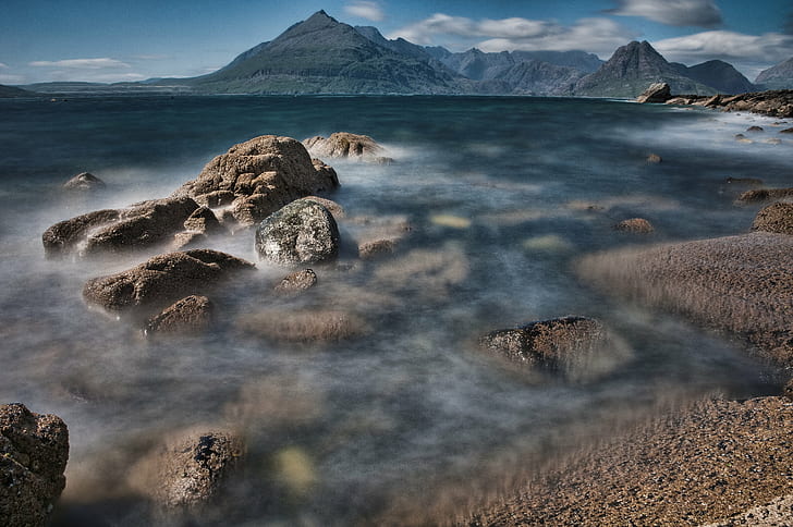 photography of body of water and mountain during daytime, elgol, elgol, Elgol, Beach, photography, body of water, mountain, daytime, Skye  Cuillin, Strathaird, Loch Coruisk, nature, landscape, scenics, outdoors, rock - Object, water, HD wallpaper