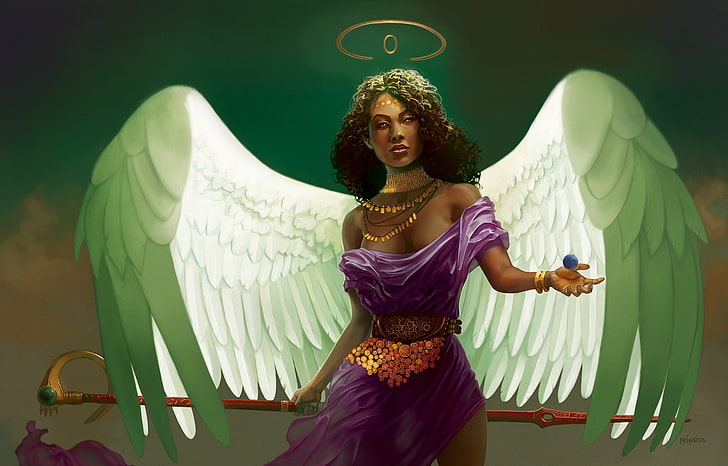angel, ebony, dress, wings, staff, women, HD wallpaper