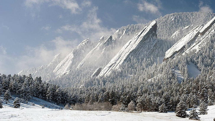 The Flatirons, Boulder, Colorado HD, boulder, colorado, mountain, pines, snow, the flatirons, trees, HD wallpaper