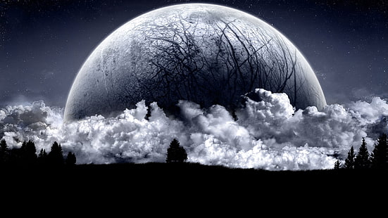 Луна и облака обои, цифровое искусство, фэнтези-арт, Луна, звезды, деревья, лес, облака, чистое небо, силуэт, темнота, ночь, пейзаж, HD обои HD wallpaper