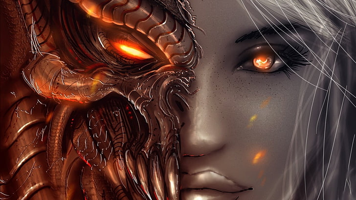 rosto de mulher com papel de parede máscara, arte da fantasia, mulheres, anjo, demônio, rosto, olhos, Diablo III, jogos de vídeo, closeup, HD papel de parede
