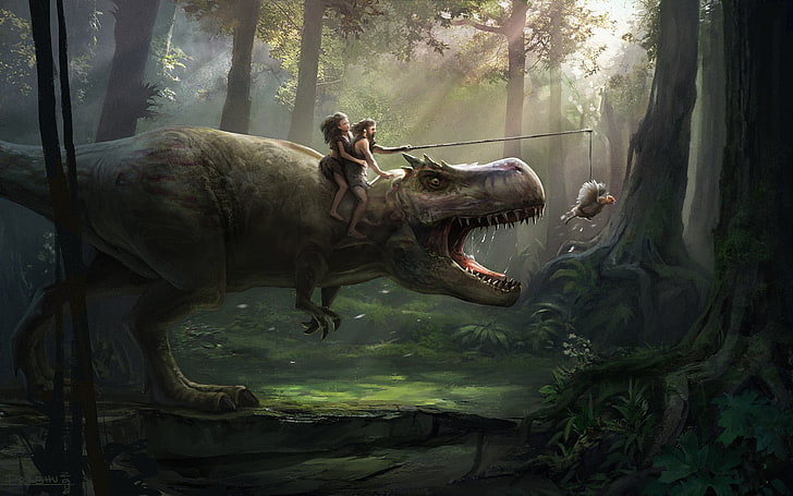 orang mengendarai wallpaper digital dinosaurus, T-Rex, prasejarah, humor, Wallpaper HD