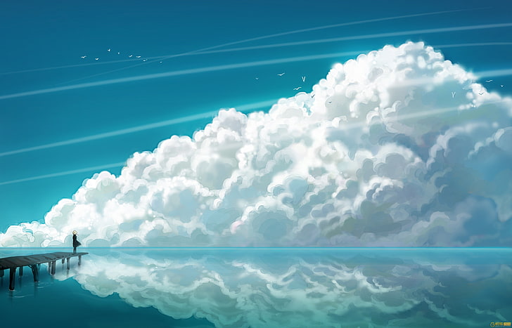 человек в лодке док живопись, облака, небо, мост, люди, отражение, море, HD обои