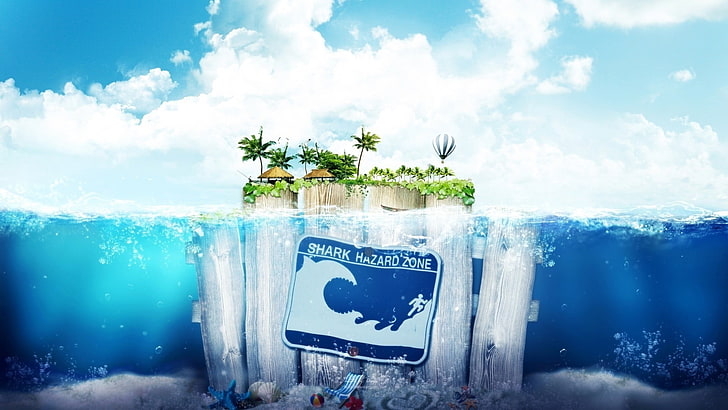 green island, digital art, fantasy art, water, sea, underwater, fence, wood, bubbles, deck chairs, palm trees, island, nature, warning signs, shark, humor, waves, clouds, hot air balloons, house, leaves, starfish, ball, seashell, sand, HD wallpaper