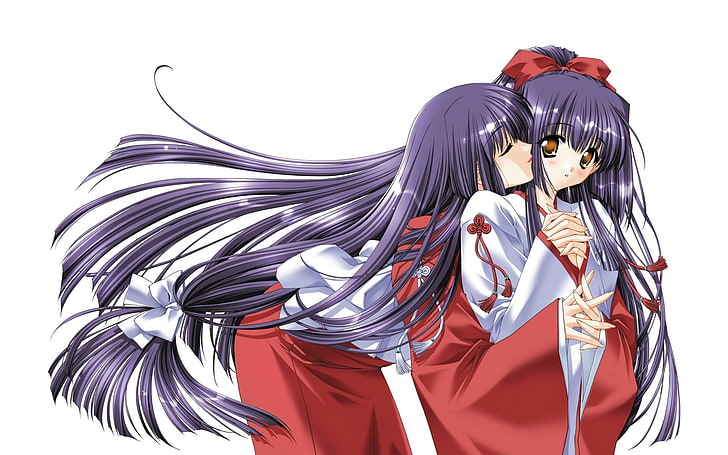 purple haired anime, anime, girl, couple, kimonos, kiss, hair, HD wallpaper