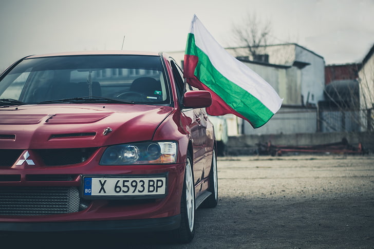 samochód, Mitsubishi Lancer EVO, Bułgaria, flaga, Tapety HD