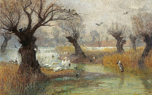 Österrikisk målare, olja på duk, pelikaner vid floden, Hugo Charlemont, pelikaner vid flodstranden, österrikisk målare - en landskapsmålare, HD tapet HD wallpaper