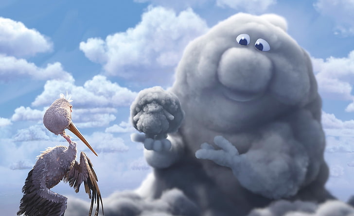 Parcialmente nublado, personaje de dibujos animados de pájaro y nube de grúa blanca, Dibujos animados, Otros, Ilustración, Artístico, parcialmente nublado, nube negra, cigüeña, feliz nube negra, Fondo de pantalla HD