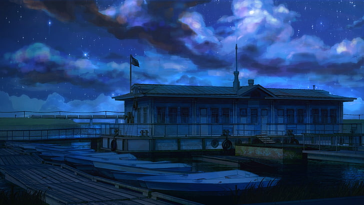 weiß gestrichenes Haus, ArseniXC, Everlasting Summer, Boot, Wolken, Nacht, Flagge, Pier, HD-Hintergrundbild