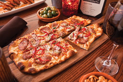 pizza, nourriture, vin, Fond d'écran HD HD wallpaper