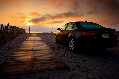 бордовый ауди седан, песок, машина, пляж, рассвет, ауди, ауди а4, HD обои HD wallpaper