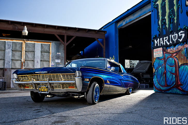 68 Impala Lowrider, blue, classic, bowtie, cars, HD wallpaper