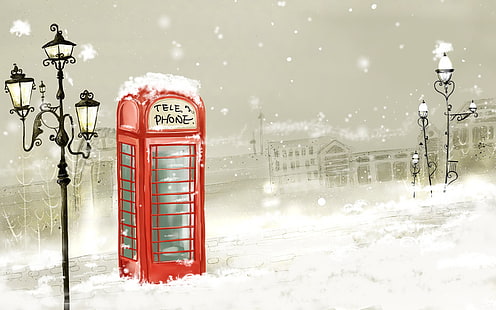Телефонна кабина Snow Winter HD, телефонна кабина в снежна илюстрация, цифрова / произведения на изкуството, сняг, зима, телефон, кабина, HD тапет HD wallpaper