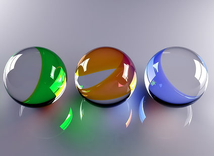 tiga mainan marmer, bola, kaca, warna-warni, cerah, permukaan, Wallpaper HD HD wallpaper