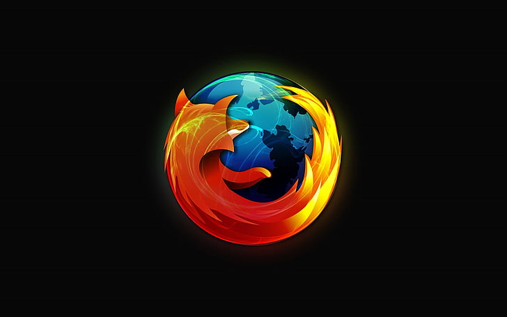ของเล่นพลาสติกสีเหลืองและสีน้ำเงิน Mozilla Firefox โลโก้พื้นหลังสีดำ, วอลล์เปเปอร์ HD