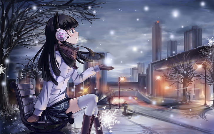Anime girl, sentado, banco, inverno, nevado, anime girl, sentado, banco, inverno, nevado, HD papel de parede