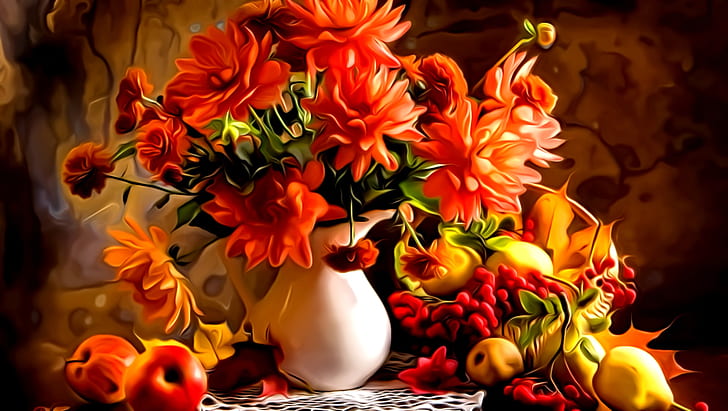 Artistic, Painting, Fall, Flower, Fruit, Still Life, Vase, HD wallpaper