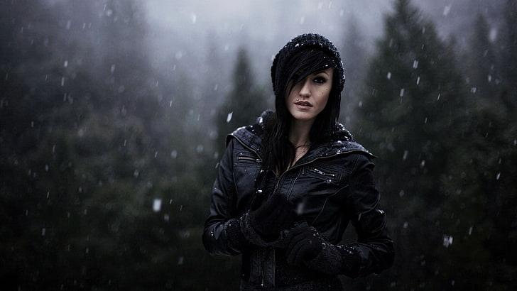 women's black leather jacket, winter, women, piercing, black, emo, black hair, nature, depth of field, snow, forest, face, leather jackets, women outdoors, cold, outdoors, HD wallpaper